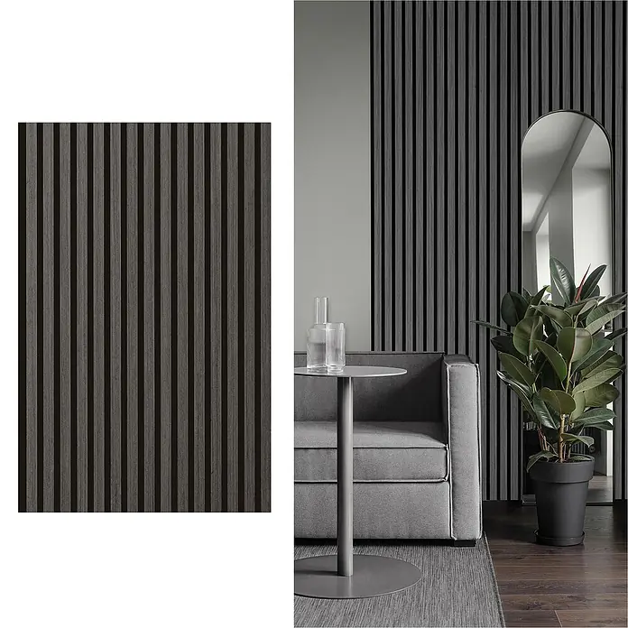 Sonido Akustikpaneel Elements - Black Oak, L x B x S: 1.200 x 560 x 18 mm - Holzpaneele mit vertikalen Lamellen, die eine moderne und stilvolle Wandverkleidung für Innenräume darstellen.