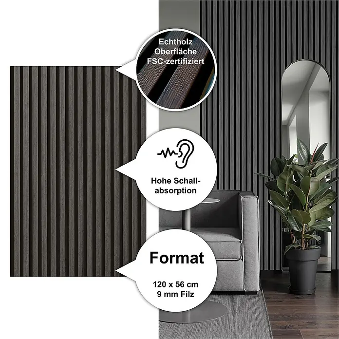 Sonido Akustikpaneel Elements - Black Oak, L x B x S: 1.200 x 560 x 18 mm - Bild einer Echtholz-Oberfläche, FSC-zertifiziert, mit hoher Schallabsorption und dem Format 120 x 56 cm, 9 mm Filz.