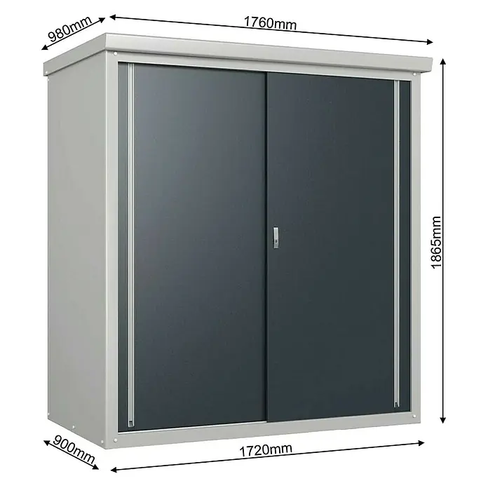 Trimetals Geräteschrank Guardian D63 - Außenbreite inkl. Dachüberstand: 176 cm, Außentiefe inkl. Dachüberstand: 89 cm, Stahl, Lichtgrau - Bild eines grauen Metallschranks mit Schiebetüren und Maßangaben. Praktische Aufbewahrung mit klarem Design.