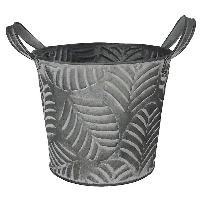 A.H.G. Übertopf Blätter - Ø x H: 15 x 13 cm, 1,6 l - Grauer Metall-Eimer mit Blattmuster und Henkeln, ideal als Pflanzgefäß oder dekoratives Element für Zuhause und Garten.
