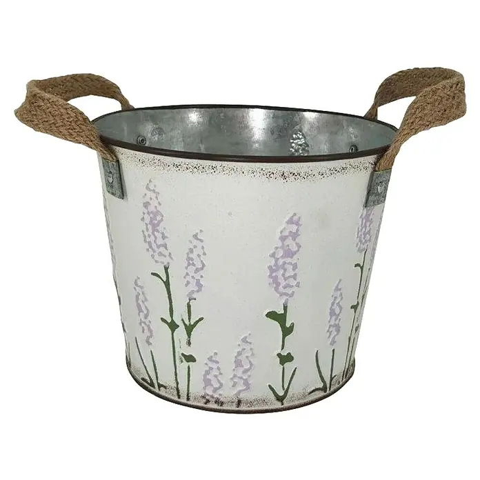 A.H.G. Übertopf Lavendel - 2,3 l, Ø x H: 17,5 x 14 cm - Metall-Blumentopf mit Lavendel-Motiv und Jute-Griffen. Ideal für den Garten oder als Deko im Haus. Rustikaler Charme inklusive!