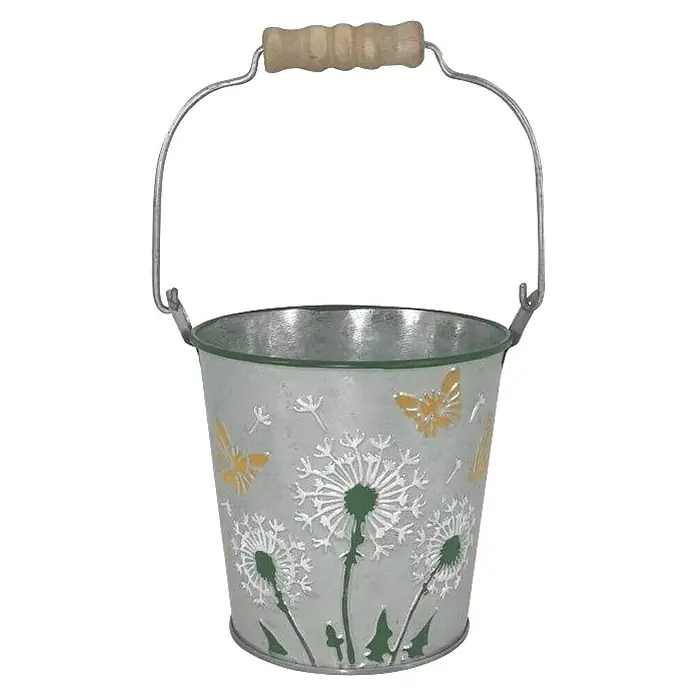 A.H.G. Übertopf mit Henkel - 0,5 l, Ø x H: 10,5 x 10 cm - Dekorativer Zinkeimer mit Dandelion-Motiv und Holzgriff. Ideal für den Garten oder als stilvolle Aufbewahrung.