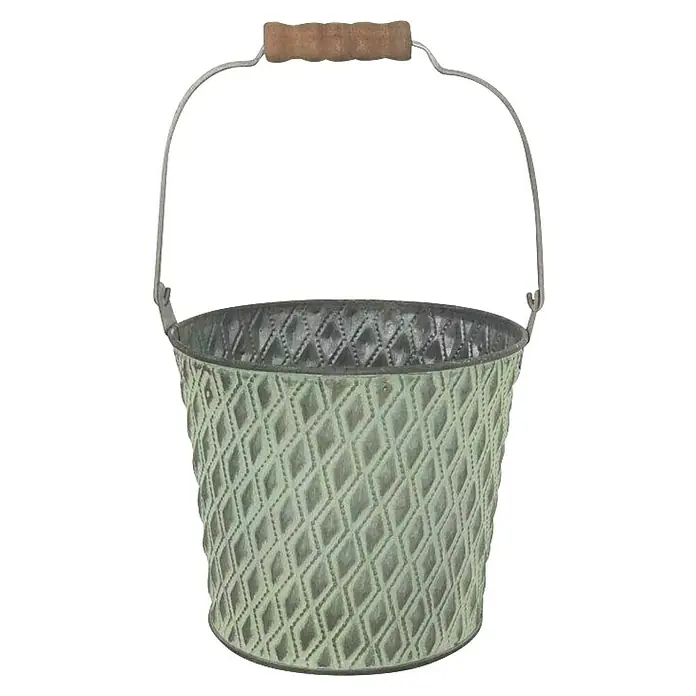 A.H.G. Übertopf Raute - Ø x H: 15 x 13 cm, 1,6 l - Eimer aus grünem Metall mit Rautenmuster und Holzgriff. Der Zinkeimer ist dekorativ und praktisch für Haus und Garten.