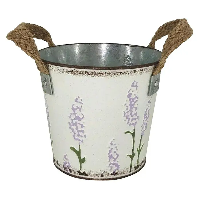 A.H.G. Übertopf Lavendel - 1 l, Ø x H: 13 cm x 11,5 mm - Dekorativer Eimer mit Lavendelmotiven und Seilgriffen, ideal als Pflanzgefäß oder zur Aufbewahrung.