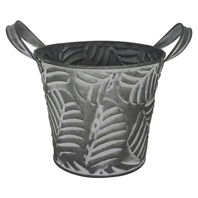 A.H.G. Übertopf Blätter - Ø x H: 13 x 11,5 cm, 1 l - Grauer Pflanztopf mit Blattmuster und zwei Henkeln, ideal für Zimmerpflanzen oder Kräuter, verleiht jedem Raum einen Hauch von Natur.