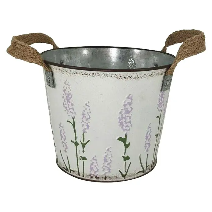 A.H.G. Übertopf Lavendel - 1,6 l, Ø x H: 15 x 13 cm - Metall-Pflanzgefäß mit Lavendel-Motiv und Seilgriffen, ideal für den Innen- und Außenbereich. Dekorative Gartendeko im Vintage-Stil.