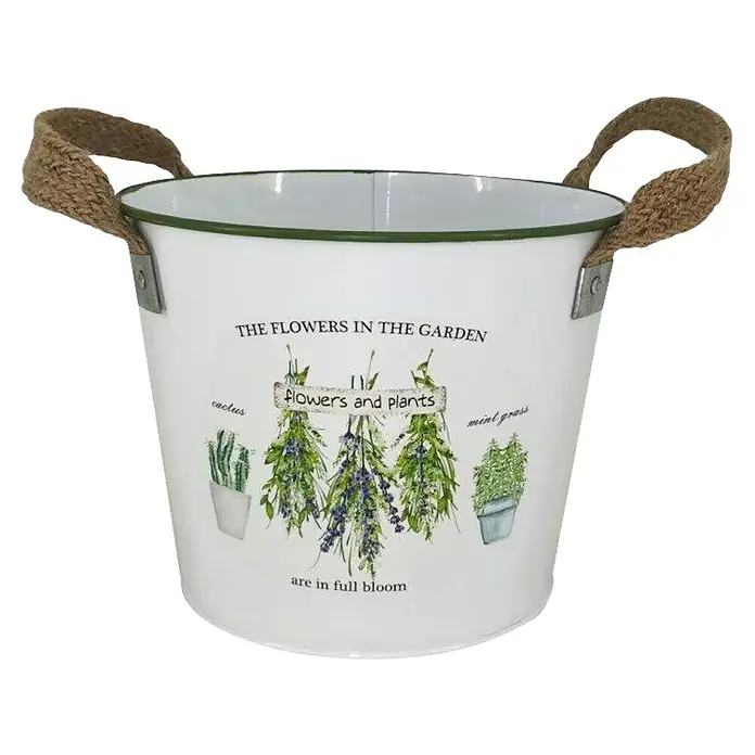 A.H.G. Übertopf Flowers - Ø x H: 17,5 x 14 cm, 2,3 l - Ein weißer Pflanzkübel mit Pflanzenmotiven und Griffen aus natürlichem Seil für Gartenliebhaber.