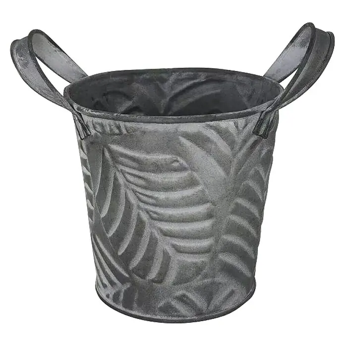 A.H.G. Übertopf Blätter - Ø x H: 10,5 x 10 cm, 0,5 l - Metallener Pflanzkübel mit Blattmuster und zwei Griffen für den Innenbereich.