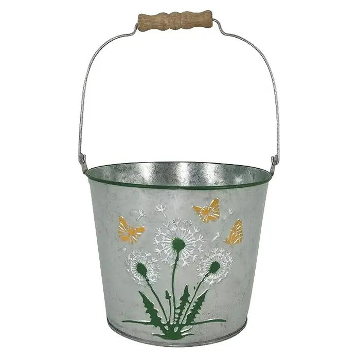 A.H.G. Übertopf mit Henkel - 2,3 l, Ø x H: 17,5 cm x 14 mm - Dekorative Zinkgießkanne mit Holzgriff und Dandelions-Design für Haus und Garten.