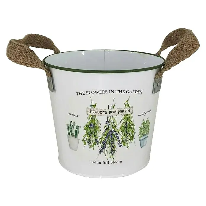 A.H.G. Übertopf Flowers - Ø x H: 15 x 13 cm, 1,6 l - Dekorativer weißer Pflanzkübel mit Kordelgriffen und Gartenpflanzen-Motiv, ideal für drinnen und draußen.