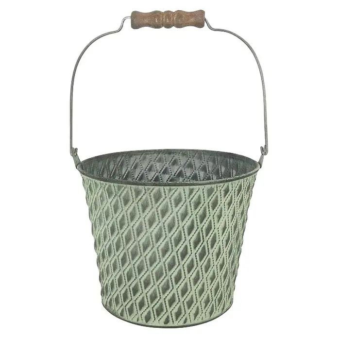 A.H.G. Übertopf Raute - Ø x H: 17,5 x 14 cm, 2,3 l - Dekorativer Metalleimer mit Holzgriff und geprägtem Rautenmuster für Haus und Garten. Vielseitig einsetzbar und stilvoll.