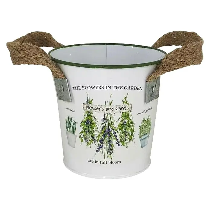 A.H.G. Übertopf Flowers - Ø x H: 10,5 x 10 cm, 0,5 l - Ein weißer Eimer mit Pflanzenmotiven und Jutegriffen, ideal für Gartenliebhaber und zur Dekoration des Hauses.