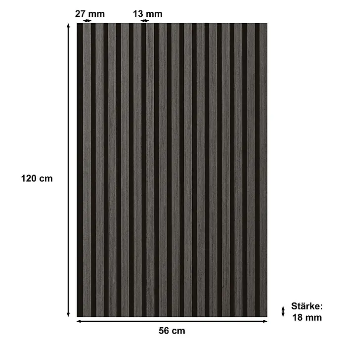 Sonido Akustikpaneel Elements - Black Oak, L x B x S: 1.200 x 560 x 18 mm - Produktbild einer Akustik-Wandpaneele in Holzoptik mit den Maßen 120x56cm. Stärke: 18mm, Lamellenabstand: 13mm, Lamellenbreite: 27mm.