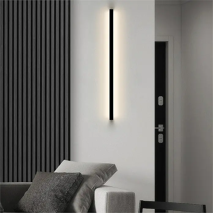 Sonido Akustikpaneel Elements - Black Oak, L x B x S: 1.200 x 560 x 18 mm - Elegante Wandleuchte mit einem schlanken, schwarzen Rahmen, die ein warmes und diffuses Licht in einem modern eingerichteten Raum spendet.