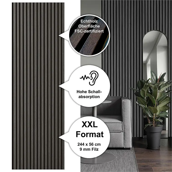Sonido Akustikpaneel Elements - Black Oak, L x B x S: 2.440 x 560 x 18 mm - Produktbild einer Echtholz-Oberfläche mit FSC-Zertifizierung, hoher Schallabsorption und XXL-Format von 244 x 56 cm, 9 mm Filz.