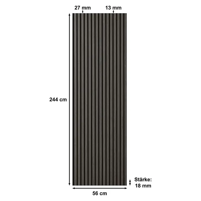 Sonido Akustikpaneel Elements - Black Oak, L x B x S: 2.440 x 560 x 18 mm - Abmessungen einer Akustikpaneele: 244 cm hoch, 56 cm breit, 18 mm dick. Die Holzlamellen sind 27 mm breit, die Abstände 13 mm.