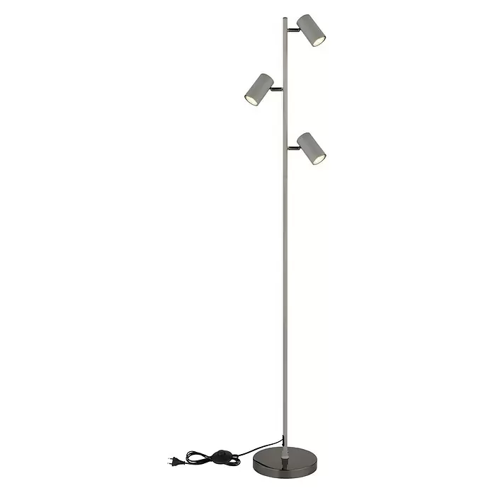Globo Robby Stehleuchte - 5 W, Höhe: 154 cm, Grau matt, GU10 - Graue Stehleuchte mit drei verstellbaren Strahlern, dunklem Metallsockel und Fußschalter.