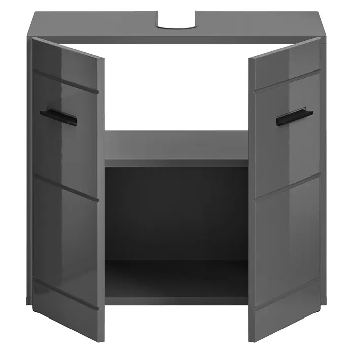 xonox.home Soft Waschtischunterschrank - B x T x H: 60 x 34 x 56 cm, Grau, Glänzend - Abgebildeter Badezimmerschrank mit offenen, grauen Hochglanztüren und schwarzen Griffen zur optimalen Badaufbewahrung und Organisation.