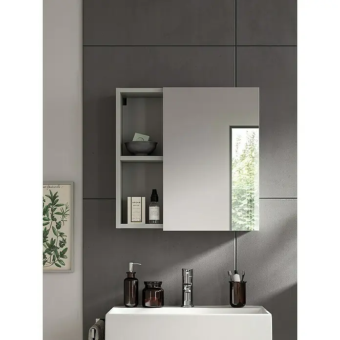 xonox.home Copa Spiegelschrank - B x H: 55 x 55 cm, Spanplatte, Hellgrau, 1-türig - Ein stilvoller Badezimmerschrank mit Spiegel und Ablagefläche, ideal für moderne Badezimmer. Praktisches Design für mehr Ordnung im Bad.