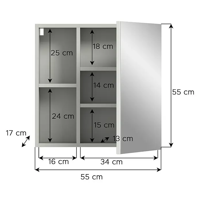 xonox.home Copa Spiegelschrank - B x H: 55 x 55 cm, Spanplatte, Hellgrau, 1-türig - Abbildung eines Badezimmerschranks mit Regalflächen und einer Tür, versehen mit Maßangaben zu den Abmessungen.