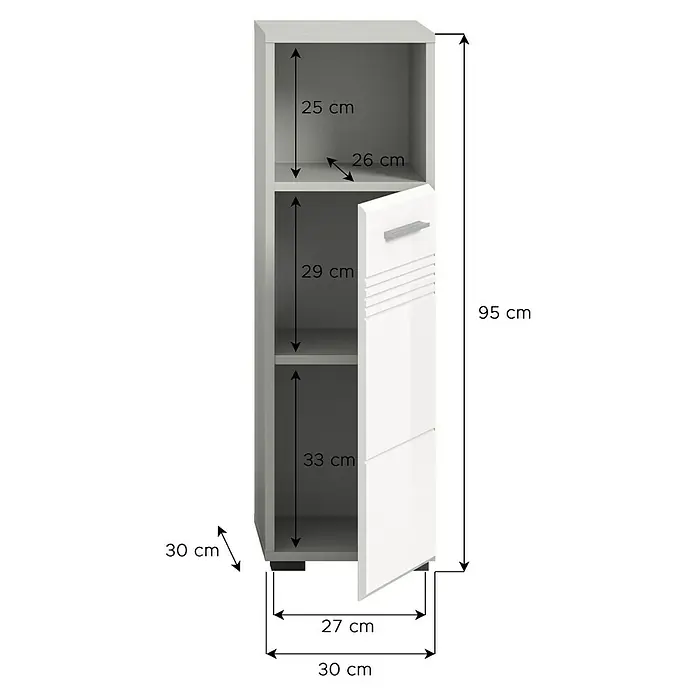 xonox.home Copa Midischrank - B x T x H: 30 x 30 x 95 cm, Weiß, Glänzend - Abbildung eines Badezimmerschranks in Weiß mit den Maßen 95 cm Höhe, 30 cm Breite und 30 cm Tiefe mit einem Regal und einer Tür.