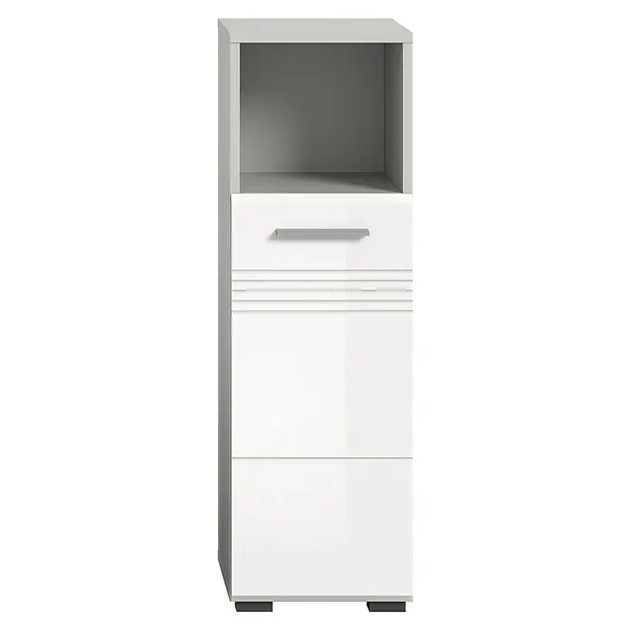 xonox.home Copa Midischrank - B x T x H: 30 x 30 x 95 cm, Weiß, Glänzend - Eine Nahaufnahme eines weißen Hochschranks mit offenen Fächern oben und Schubladen und glatten Fronten im unteren Bereich für stilvolle Aufbewahrung.
