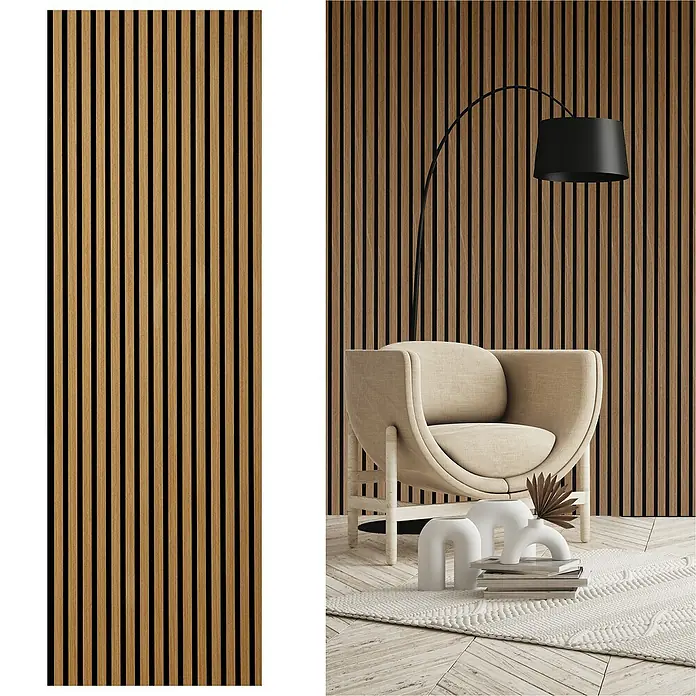 Sonido Akustikpaneel Elements - Oiled Oak, L x B x S: 2.440 x 560 x 18 mm - Elegante Holzpaneele für Wandverkleidung, ideal zur Raumgestaltung. Das Design verleiht jedem Raum ein modernes und stilvolles Ambiente.