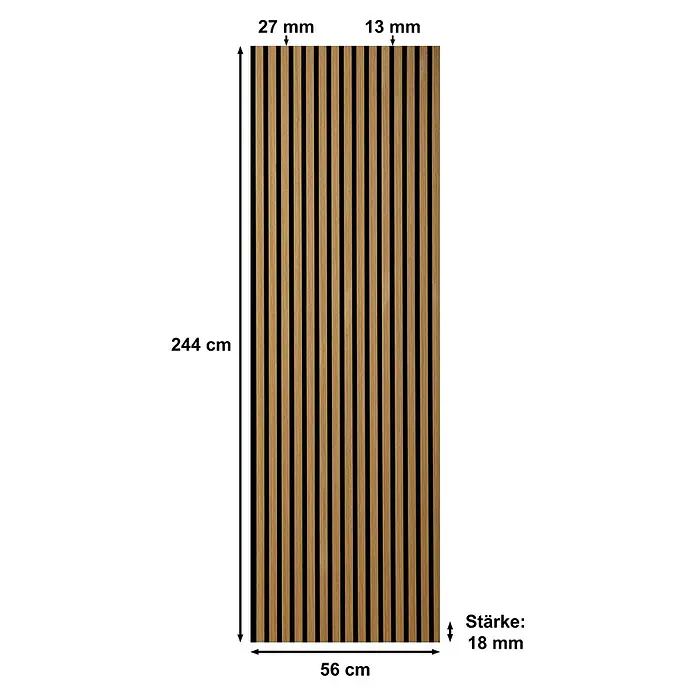 Sonido Akustikpaneel Elements - Oiled Oak, L x B x S: 2.440 x 560 x 18 mm - Ein Paneel mit Holzlatten und schwarzen Zwischenräumen, Maße sind 244 x 56 cm, Latten 27 mm, Zwischenräume 13 mm, Stärke 18 mm.
