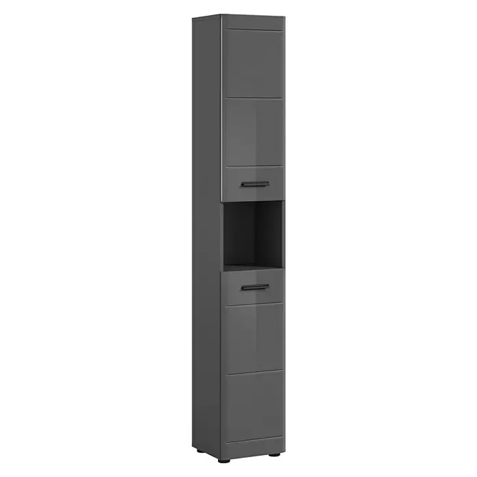 xonox.home Soft Hochschrank - B x T x H: 30 x 30 x 180 cm, Grau, Glänzend - Grauer Bad-Hochschrank mit zwei Türen, einer Schublade und einem offenen Fach für zusätzlichen Stauraum im Badezimmer.