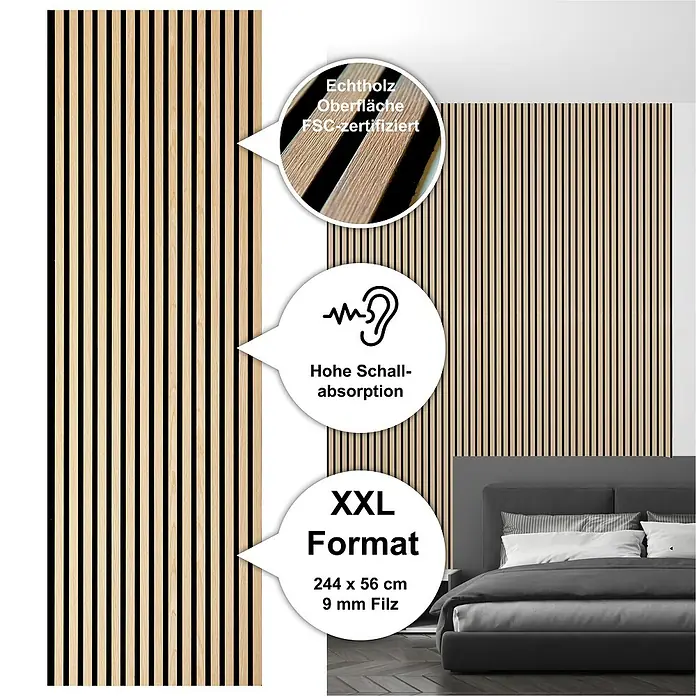 Sonido Akustikpaneel Elements - New Oak Light, L x B x S: 2.440 x 560 x 18 mm - Produktabbildung: Holzpaneele mit Schallabsorption, Echtholzoberfläche und XXL-Format für Wandgestaltung.