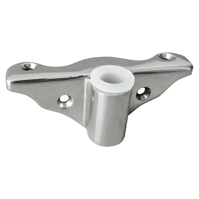 Marinetech Ruderdollen-Sockel - Höhe: 35 mm, Eckmontage, Edelstahl - Ein glänzender, verchromter Türstopper mit einem weißen Gummipuffer, ideal für den Schutz von Wänden und Möbeln.