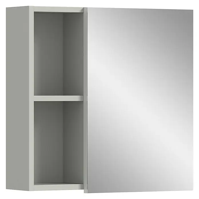 xonox.home Copa Spiegelschrank - B x H: 55 x 55 cm, Spanplatte, Hellgrau, 1-türig - Aufnahme eines grauen Badezimmerschranks mit offenem Regalbereich auf der linken Seite und einer Spiegeltür rechts.