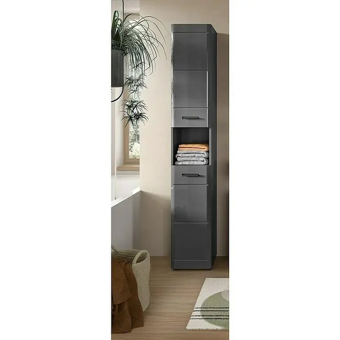 xonox.home Soft Hochschrank - B x T x H: 30 x 30 x 180 cm, Grau, Glänzend - Ein hochglänzender, grauer Badezimmerschrank mit Handtüchern in einem offenen Fach, der Stauraum und Stil in jedes Badezimmer bringt.