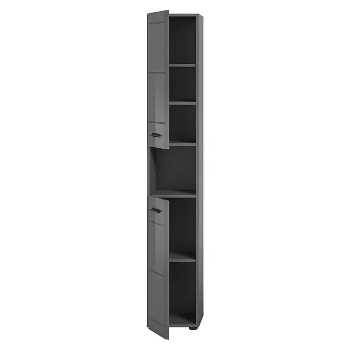 xonox.home Soft Hochschrank - B x T x H: 30 x 30 x 180 cm, Grau, Glänzend - Modernes graues Badezimmer-Hochschrank mit offenen Regalen und zwei Türen mit Griffen für stilvolle Badezimmeraufbewahrung.