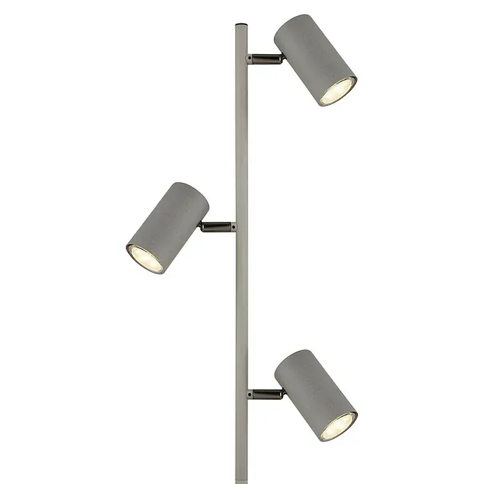 Globo Robby Stehleuchte - 5 W, Höhe: 154 cm, Grau matt, GU10 - Graue Stehlampe mit drei Strahlern in verschiedenen Winkeln, die ein helles Licht ausstrahlen, vor einem schwarzen Hintergrund.