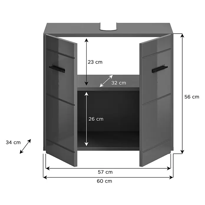 xonox.home Soft Waschtischunterschrank - B x T x H: 60 x 34 x 56 cm, Grau, Glänzend - Abbildung eines grauen Badezimmerschranks mit offenen Türen und Maßangaben. Der Schrank hat ein Regal und ist 56 cm hoch.