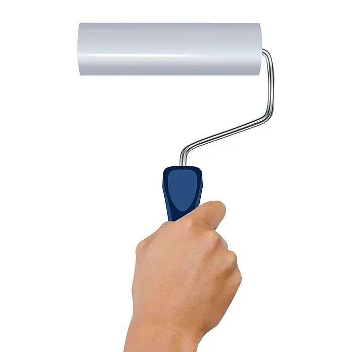 Molto Einfach Glatt Spachtel-Werkzeug - 2 -tlg., Geeignet für: Molto Einfach Glatt Innen-Fertigspachtel - Eine Hand hält einen Farbroller mit blauem Griff und silbernem Rollenkopf. Das Werkzeug ist bereit für Malerarbeiten und Heimwerkerprojekte.