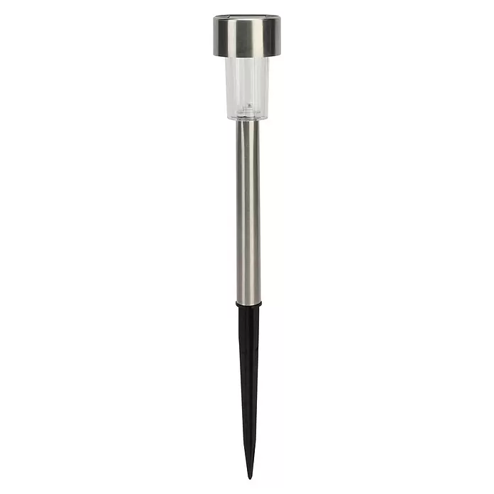 Solarleuchten-Set - Edelstahl, IP44 - Silberne Solar-Gartenleuchte aus gebürstetem Metall mit transparentem Gehäuse und schwarzem Erdspieß.