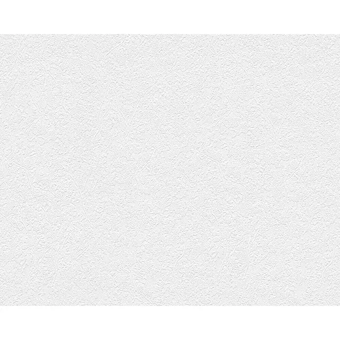 Atlantis Design Vliestapete Flächenputz I - Weiß, Uni, 10,05 x 0,53 m - Nahaufnahme einer weißen Tapete mit feiner, unregelmäßiger Struktur, ideal für dezente Wandgestaltung und vielseitige Inneneinrichtung.