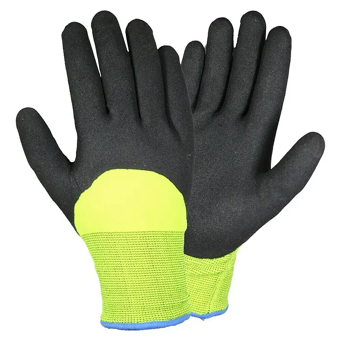 Arbeitshandschuhe Montgomery - Handschuhgröße: 10 - Ein Paar schwarze Arbeitshandschuhe mit gelben und limettengrünen Akzenten zum Schutz der Hände bei der Arbeit.