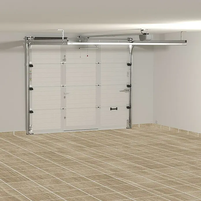 Solid Elements Puerta de garaje seccional PRO - 250 x 212,5 cm, Gris antracita, Peatonal - Primer plano de una puerta de garaje moderna con un sistema de apertura automática. La puerta es blanca y tiene un diseño horizontal elegante.