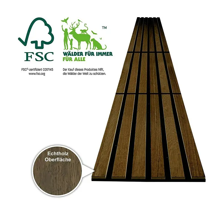 acous Akustikpaneel Compact - Eiche dunkel, L x B x S: 2.440 x 305 x 10,3 mm, 2 Stk. - Paneel aus Echtholz mit FSC-Zertifizierung, nachhaltig und stilvoll für jede Wandgestaltung.