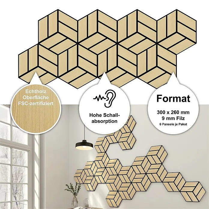 Sonido Akustikpaneel Single Hexagon - New Light Oak, L x B x S: 300 x 260 x 18 mm, 6 Stk. - Bild von Holzpaneelen für Wanddekoration mit Schallabsorption und natürlicher Oberfläche, FSC-zertifiziert, in der Größe 300 x 260 mm.