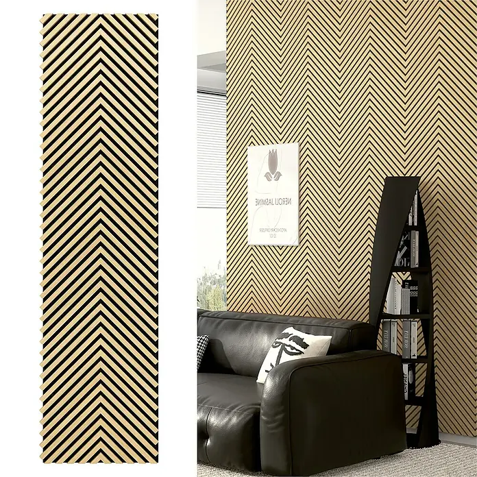 Sonido Akustikpaneel Herringbone - New Light Oak, L x B x S: 2.750 x 520 x 18 mm - Wandpaneele mit Fischgrätmuster in hellem Holz und schwarzen Zwischenräumen für moderne Raumgestaltung.