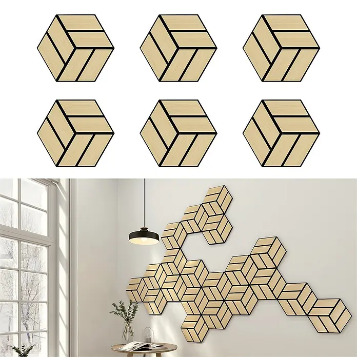 Sonido Akustikpaneel Single Hexagon - New Light Oak, L x B x S: 300 x 260 x 18 mm, 6 Stk. - Sechs sechseckige Wandpaneele und eine Installation mit sechseckigen Holzpaneelen, die ein modernes geometrisches Design schaffen.