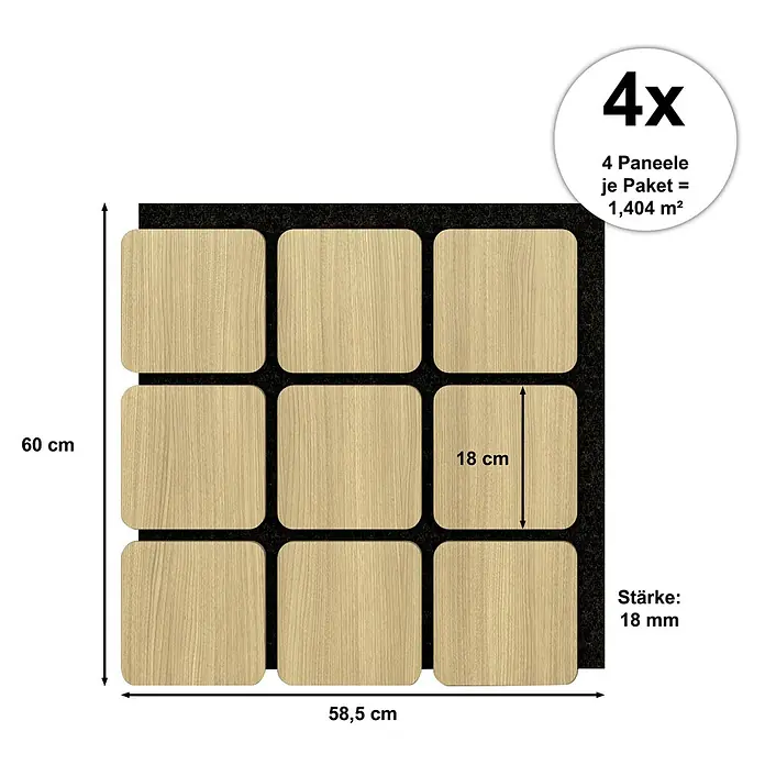 Sonido Akustikpaneel Quadrum - New Light Oak, L x B x S: 600 x 585 x 18 mm, 4 Stk. - Abbildung der Akustikpaneele in Holzoptik, die in einem 3x3 Raster auf einer schwarzen Filzunterlage angeordnet sind. Die Paneele verbessern die Raumakustik.