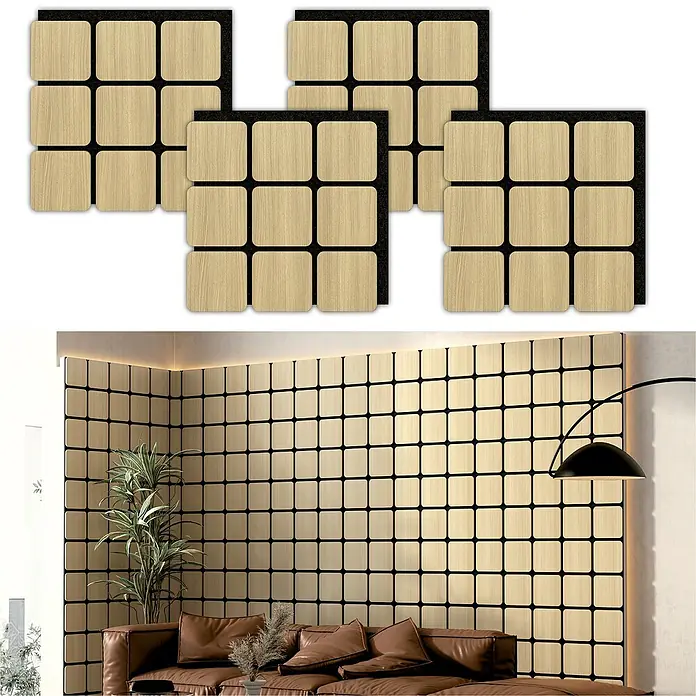 Sonido Akustikpaneel Quadrum - New Light Oak, L x B x S: 600 x 585 x 18 mm, 4 Stk. - Bild zeigt Akustikpaneele aus Holz für Wandgestaltung, die Schallabsorption bieten und ein modernes Designelement für Innenräume sind.