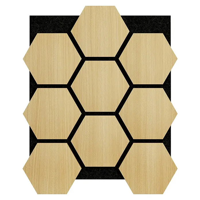 Sonido Akustikpaneel Hexagon - New Light Oak, L x B x S: 760 x 574 x 18 mm, 4 Stk. - Ein Feld von hölzernen Akustikpaneelen in Sechseckform, ideal für Wandgestaltung und Schallabsorption, präsentiert ein modernes Design.