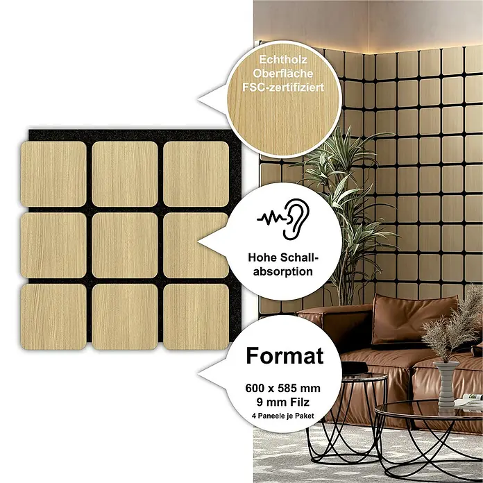 Sonido Akustikpaneel Quadrum - New Light Oak, L x B x S: 600 x 585 x 18 mm, 4 Stk. - Produktbild der Holzpaneele mit Filz für hohe Schallabsorption, Echtholz Oberfläche, FSC-zertifiziert, Format 600 x 585 mm, 9 mm Filz.