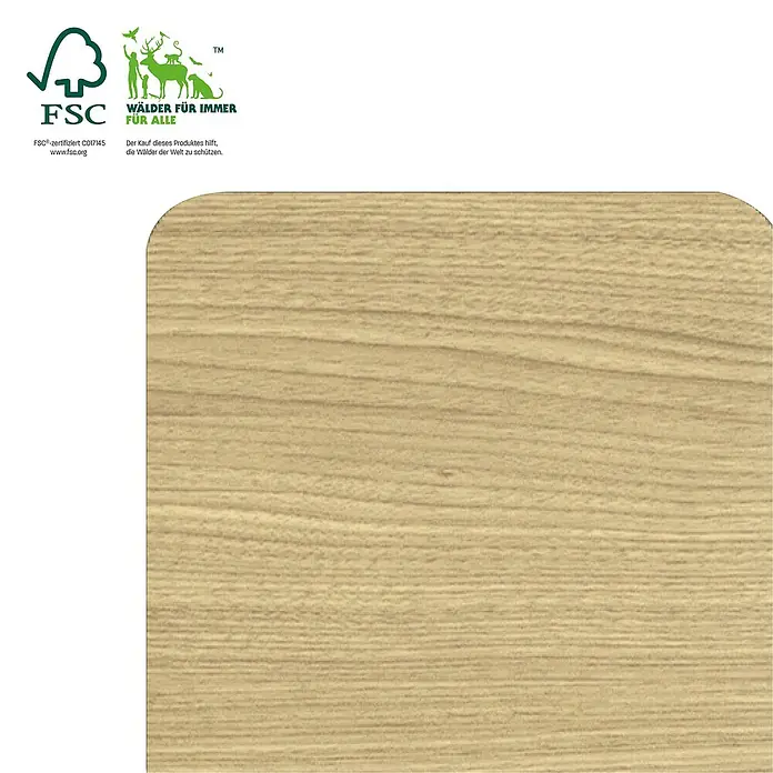 Sonido Akustikpaneel Quadrum - New Light Oak, L x B x S: 600 x 585 x 18 mm, 4 Stk. - Nahaufnahme einer Furnierplatte mit Holzmaserung und FSC-Siegel, das auf nachhaltige Forstwirtschaft hinweist.